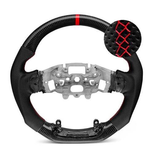 Trimmed Co. Carbon Fiber w/ Perforated Leather Grip Steering Wheel - Red Stitching + Centre Stripe (Next Gen Ranger Raptor)