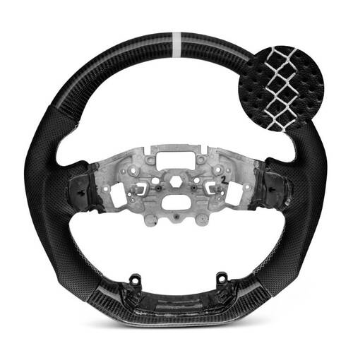 Trimmed Co. Carbon Fiber w/ Perforated Leather Grip Steering Wheel - White Stitching + Centre Stripe (Next Gen Ranger Raptor)